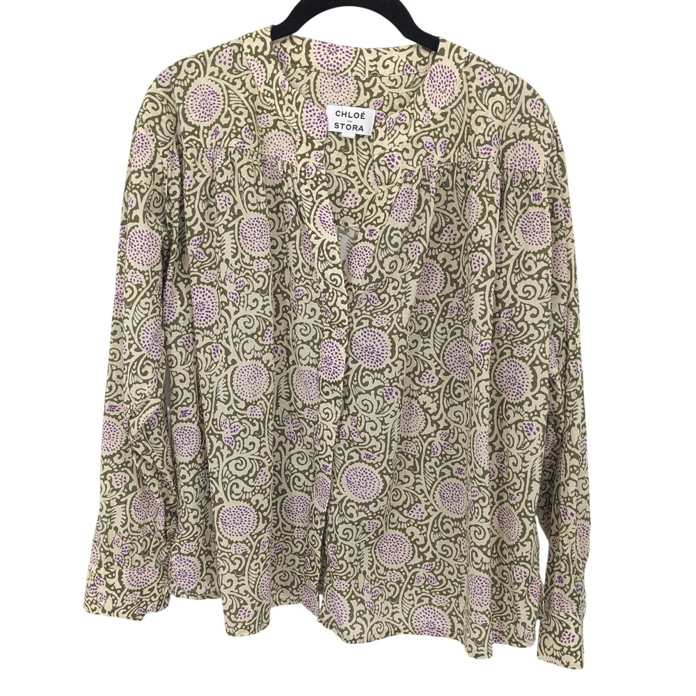 Chloe Stora Paris Derrick Top‎ Womens EU 34 Green Cotton Floral Blouse Boho